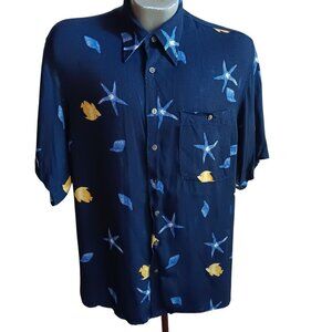 Vintage Mens Hawaiian Shirt Medium Rayon Starfish 1990's Georg Roth Germany Blue